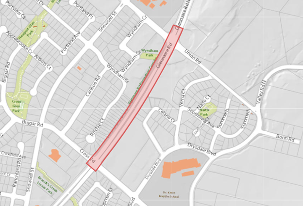 Map of Glenmore Sanitary Trunk main upgrade June – October 2024 